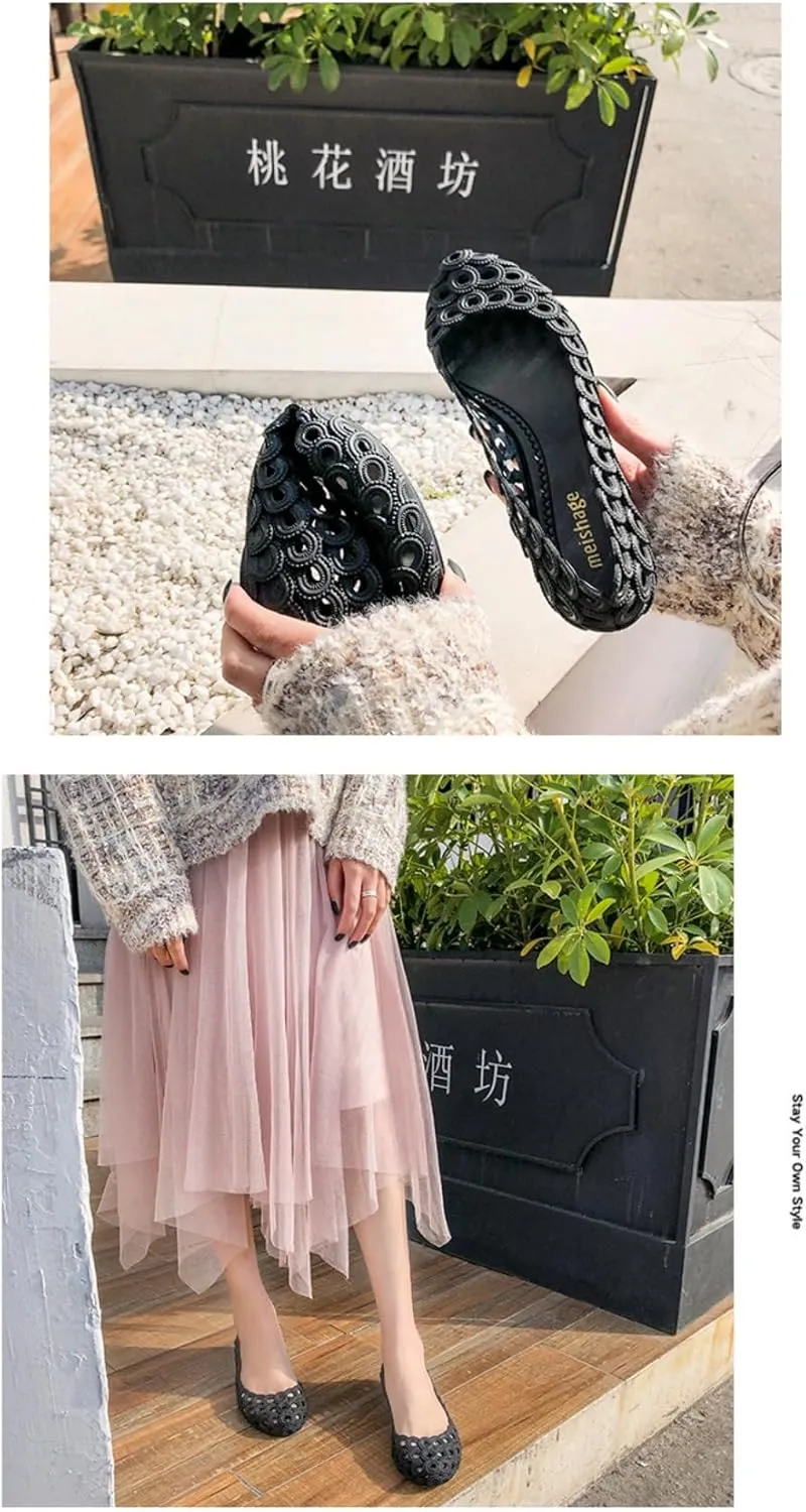 Jelly Mesh Ballet Flats for Women Clear Jelly Sandals Hollow Water Slides Slip on House Slippers Wide Loafers Lightweight Breathable No Slip Dressy Ballerina Shoes Summer Cruise Vacation Beach Party