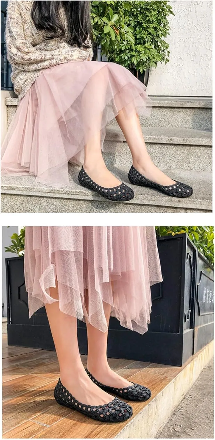 Jelly Mesh Ballet Flats for Women Clear Jelly Sandals Hollow Water Slides Slip on House Slippers Wide Loafers Lightweight Breathable No Slip Dressy Ballerina Shoes Summer Cruise Vacation Beach Party