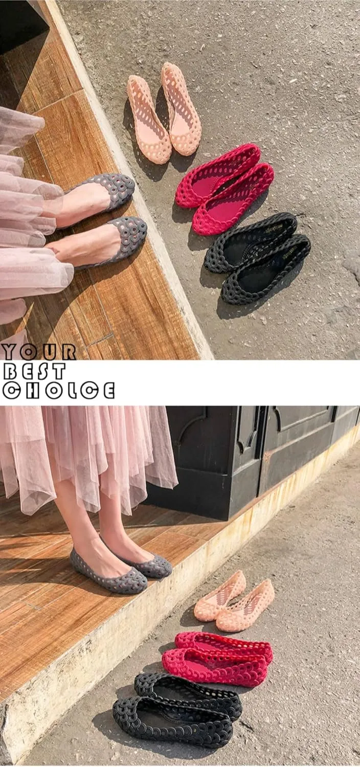 Jelly Mesh Ballet Flats for Women Clear Jelly Sandals Hollow Water Slides Slip on House Slippers Wide Loafers Lightweight Breathable No Slip Dressy Ballerina Shoes Summer Cruise Vacation Beach Party