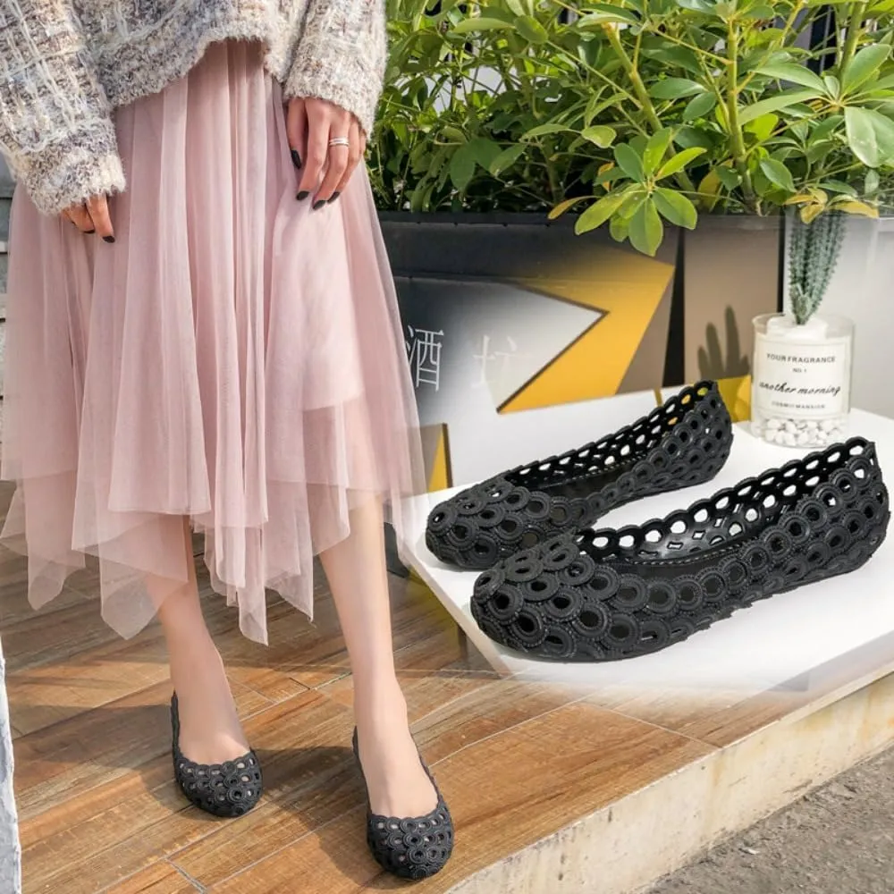 Jelly Mesh Ballet Flats for Women Clear Jelly Sandals Hollow Water Slides Slip on House Slippers Wide Loafers Lightweight Breathable No Slip Dressy Ballerina Shoes Summer Cruise Vacation Beach Party