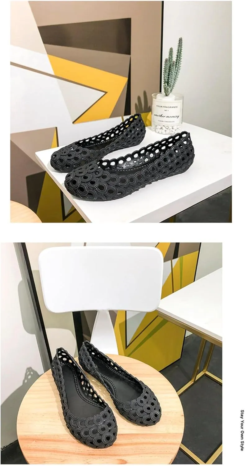 Jelly Mesh Ballet Flats for Women Clear Jelly Sandals Hollow Water Slides Slip on House Slippers Wide Loafers Lightweight Breathable No Slip Dressy Ballerina Shoes Summer Cruise Vacation Beach Party