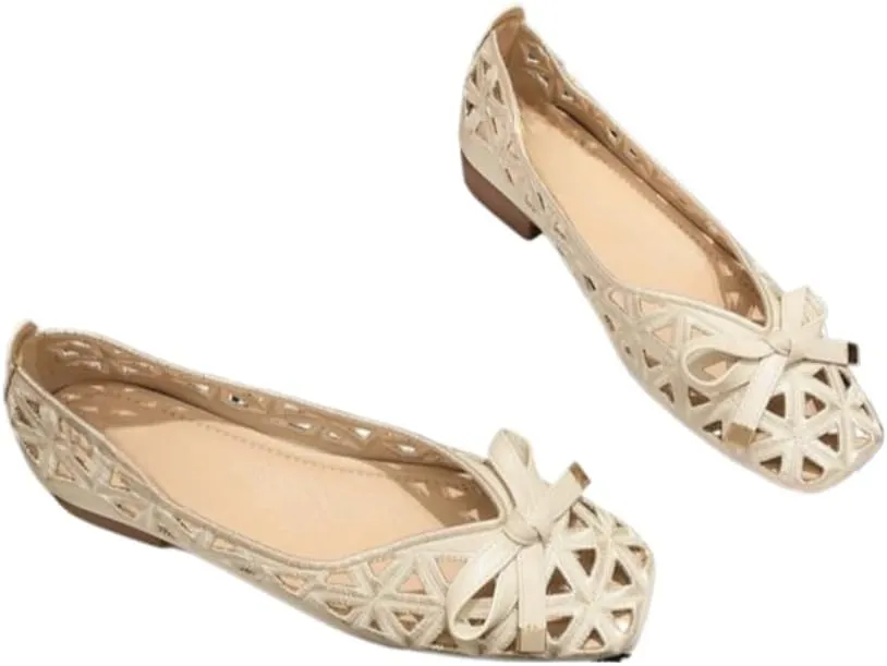 Jelly Mesh Ballet Flats for Women Jelly Sandals Clear Hollow Water Slides Slip on Bow Loafers No Slip Low Heel Platform Lightweight Breathable Square Toes Dressy Ballerina Shoes Summer Party Vacation
