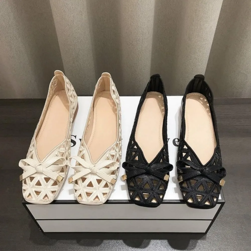 Jelly Mesh Ballet Flats for Women Jelly Sandals Clear Hollow Water Slides Slip on Bow Loafers No Slip Low Heel Platform Lightweight Breathable Square Toes Dressy Ballerina Shoes Summer Party Vacation