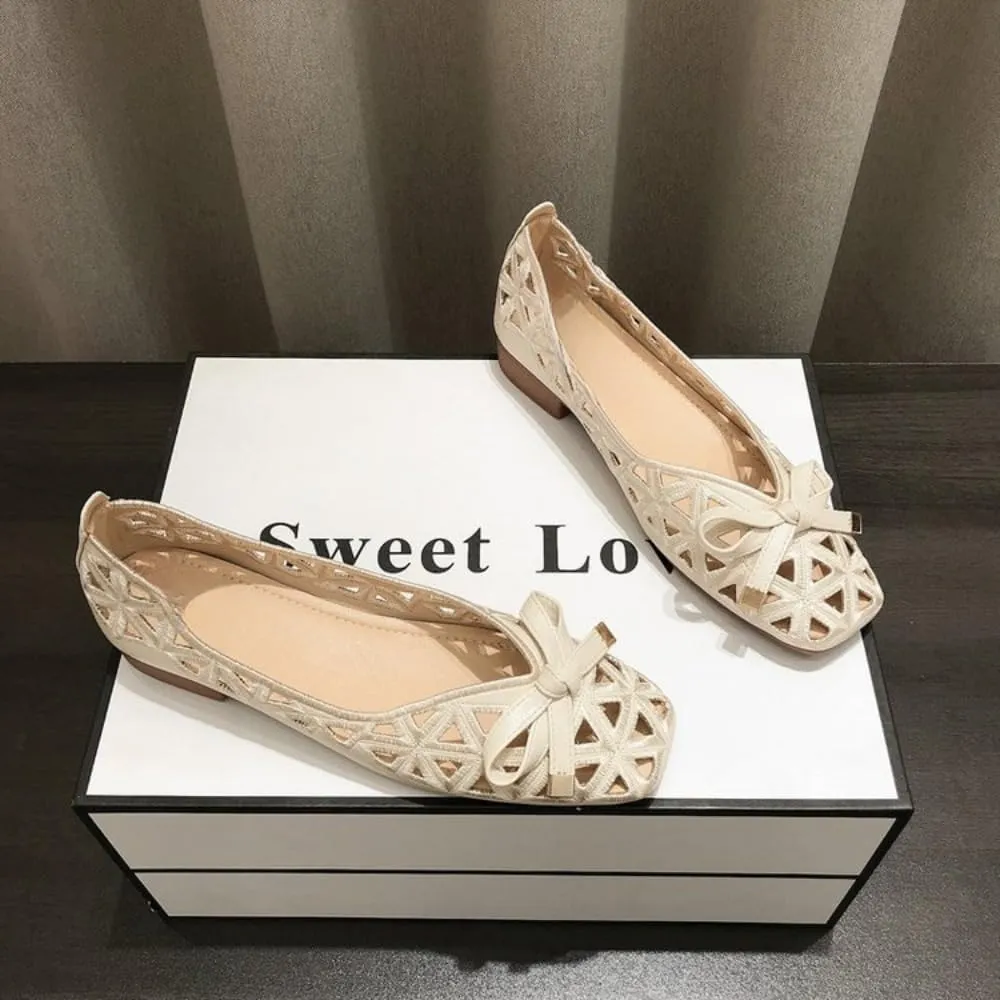 Jelly Mesh Ballet Flats for Women Jelly Sandals Clear Hollow Water Slides Slip on Bow Loafers No Slip Low Heel Platform Lightweight Breathable Square Toes Dressy Ballerina Shoes Summer Party Vacation