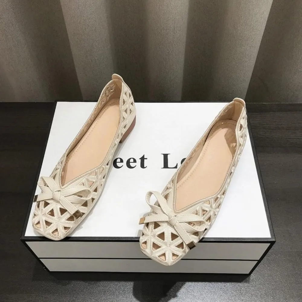 Jelly Mesh Ballet Flats for Women Jelly Sandals Clear Hollow Water Slides Slip on Bow Loafers No Slip Low Heel Platform Lightweight Breathable Square Toes Dressy Ballerina Shoes Summer Party Vacation
