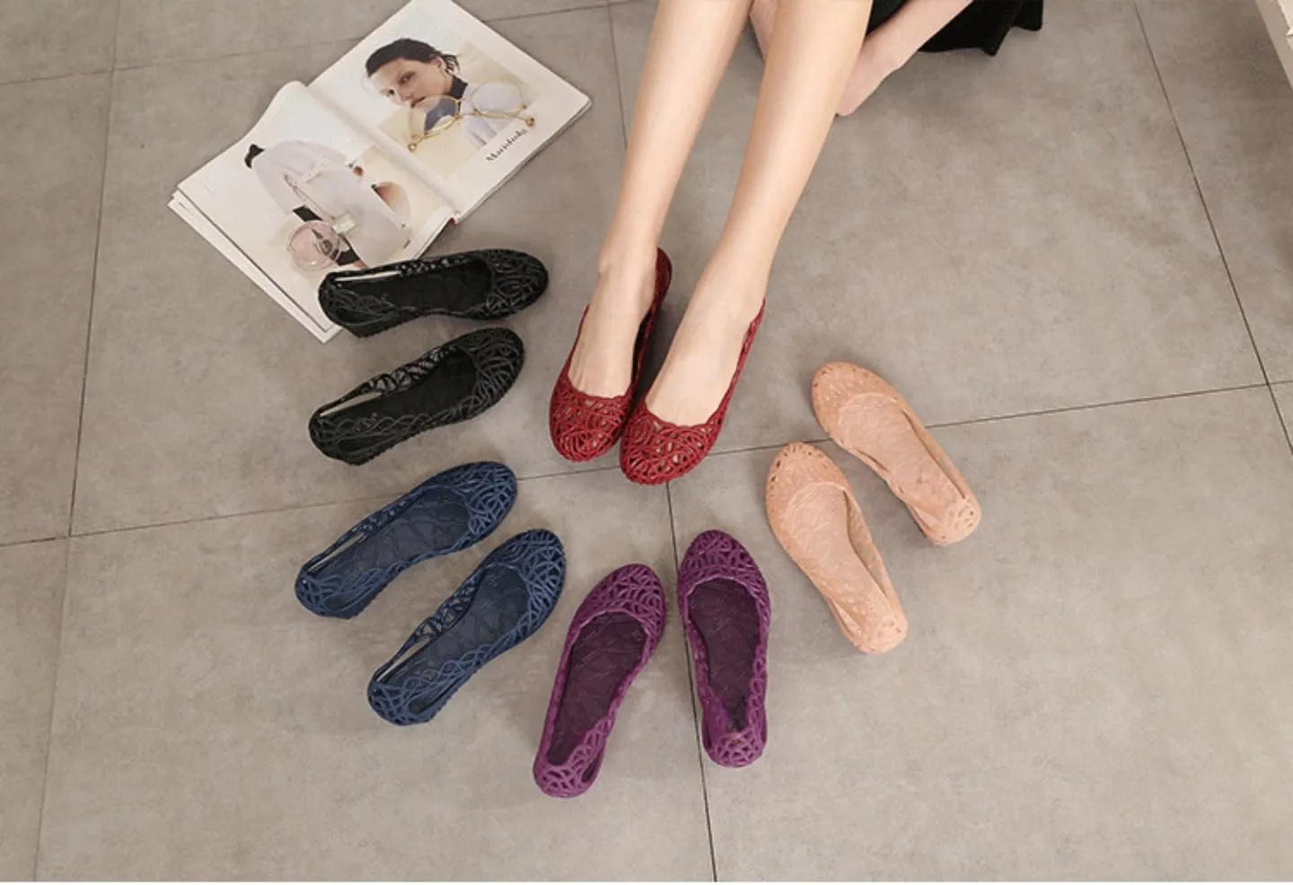 Jelly Mesh Ballet Flats for Women Jelly Sandals Hollow Wedge Water Slides Slip on Loafers No Slip Platform Lightweight Breathable Low Top Dressy Ballerina Shoes Summer Beach Party Cruise Vacation