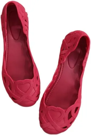 Jelly Mesh Ballet Flats for Women Jelly Sandals Woven Hollow Water Slides Slip on Loafers Cute Heart Decor Lightweight Breathable Low Top Ballerina Dress Shoes Beach Party Vacation Office Business