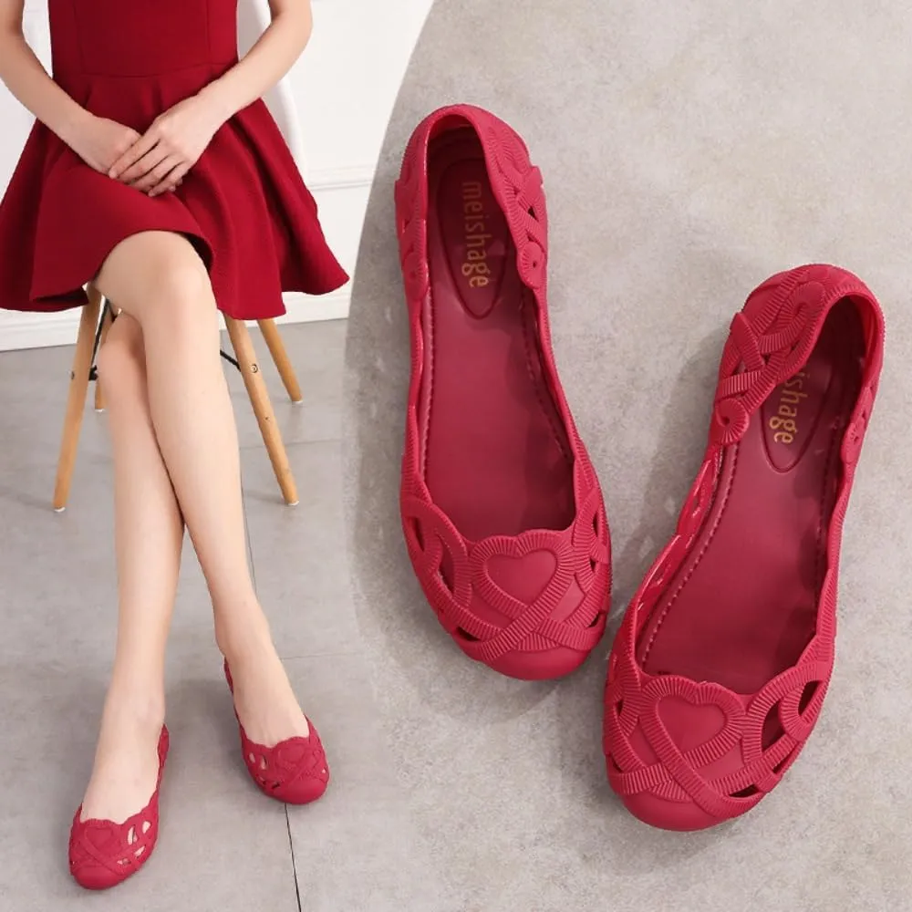 Jelly Mesh Ballet Flats for Women Jelly Sandals Woven Hollow Water Slides Slip on Loafers Cute Heart Decor Lightweight Breathable Low Top Ballerina Dress Shoes Beach Party Vacation Office Business
