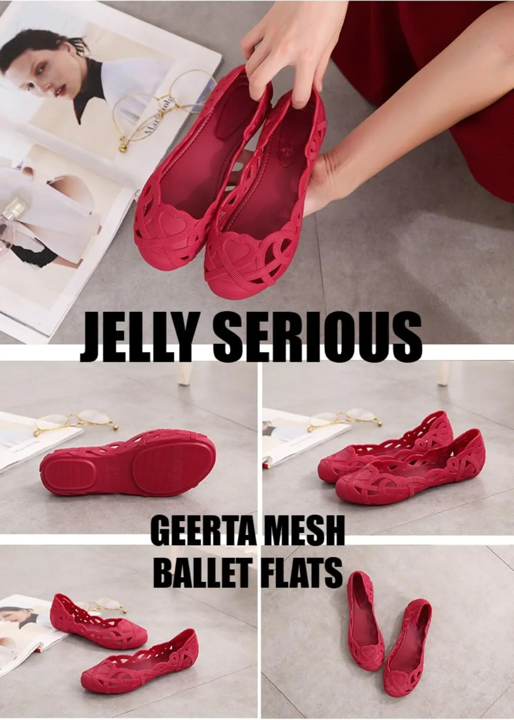 Jelly Mesh Ballet Flats for Women Jelly Sandals Woven Hollow Water Slides Slip on Loafers Cute Heart Decor Lightweight Breathable Low Top Ballerina Dress Shoes Beach Party Vacation Office Business