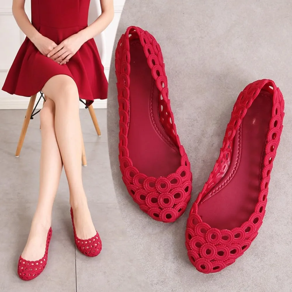 Jelly Mesh Ballet Flats for Women Jelly Sandals Woven Hollow Water Slides Slip on Loafers No Slip Lightweight Breathable Low Top Cute Ballerina Dress Shoes Beach Party Cruise Vacation Office Business