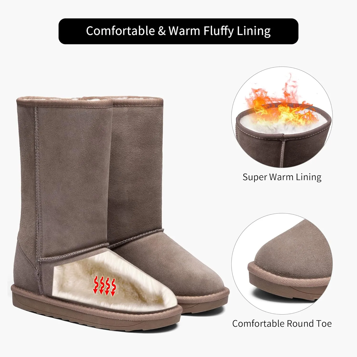 Jeossy Women's Winter Snow Boots, Warm Suede Fur Slip on Mid Calf Plush Fuzzy Tall Shoes