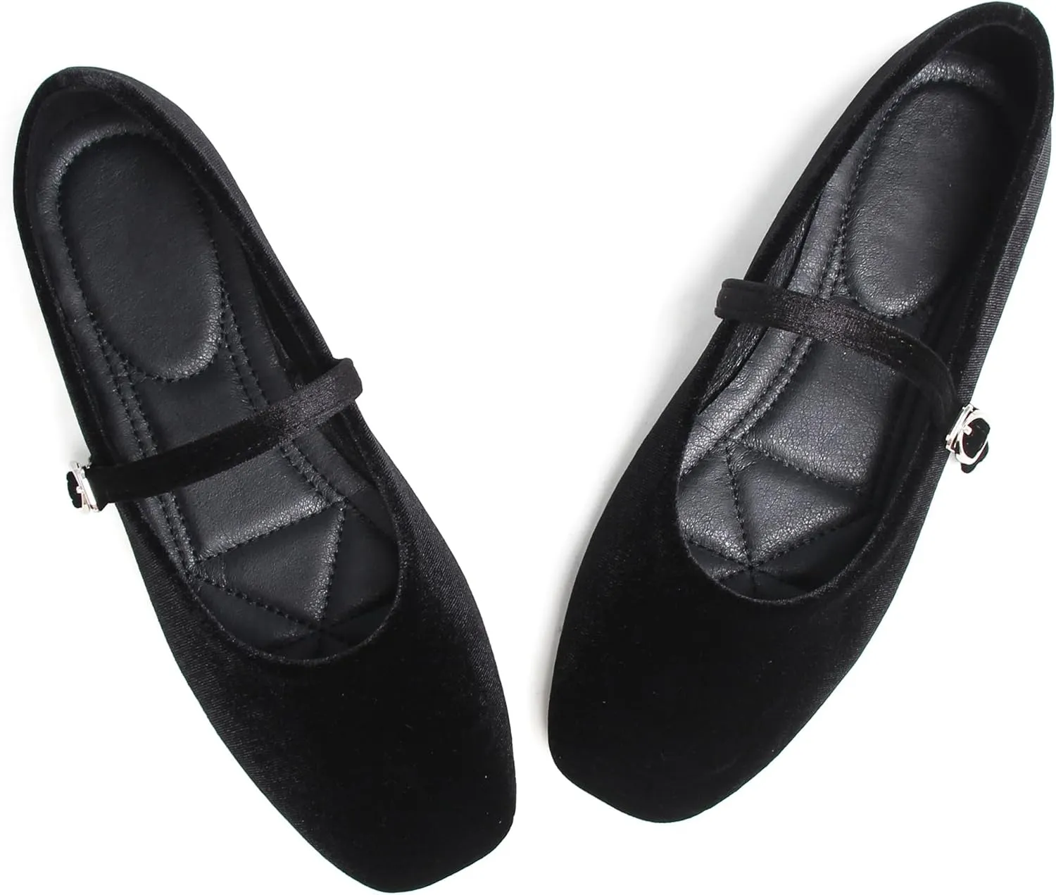 JiangWei Shu Women's Square Toe Ballets Comfortable Flats Soft Velvet Mary Jane Flats Casual Dressy Shoes