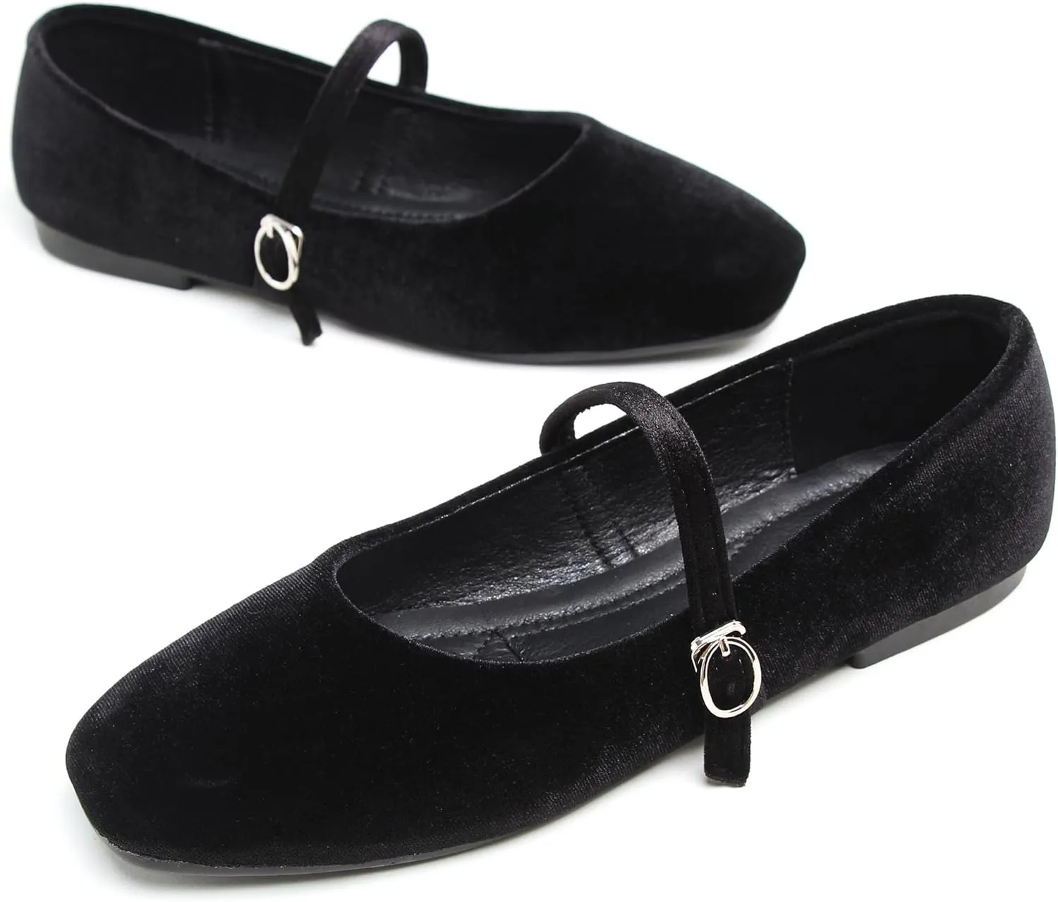 JiangWei Shu Women's Square Toe Ballets Comfortable Flats Soft Velvet Mary Jane Flats Casual Dressy Shoes