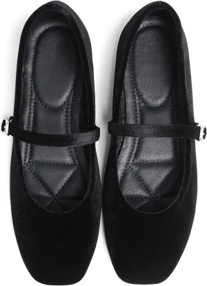 JiangWei Shu Women's Square Toe Ballets Comfortable Flats Soft Velvet Mary Jane Flats Casual Dressy Shoes