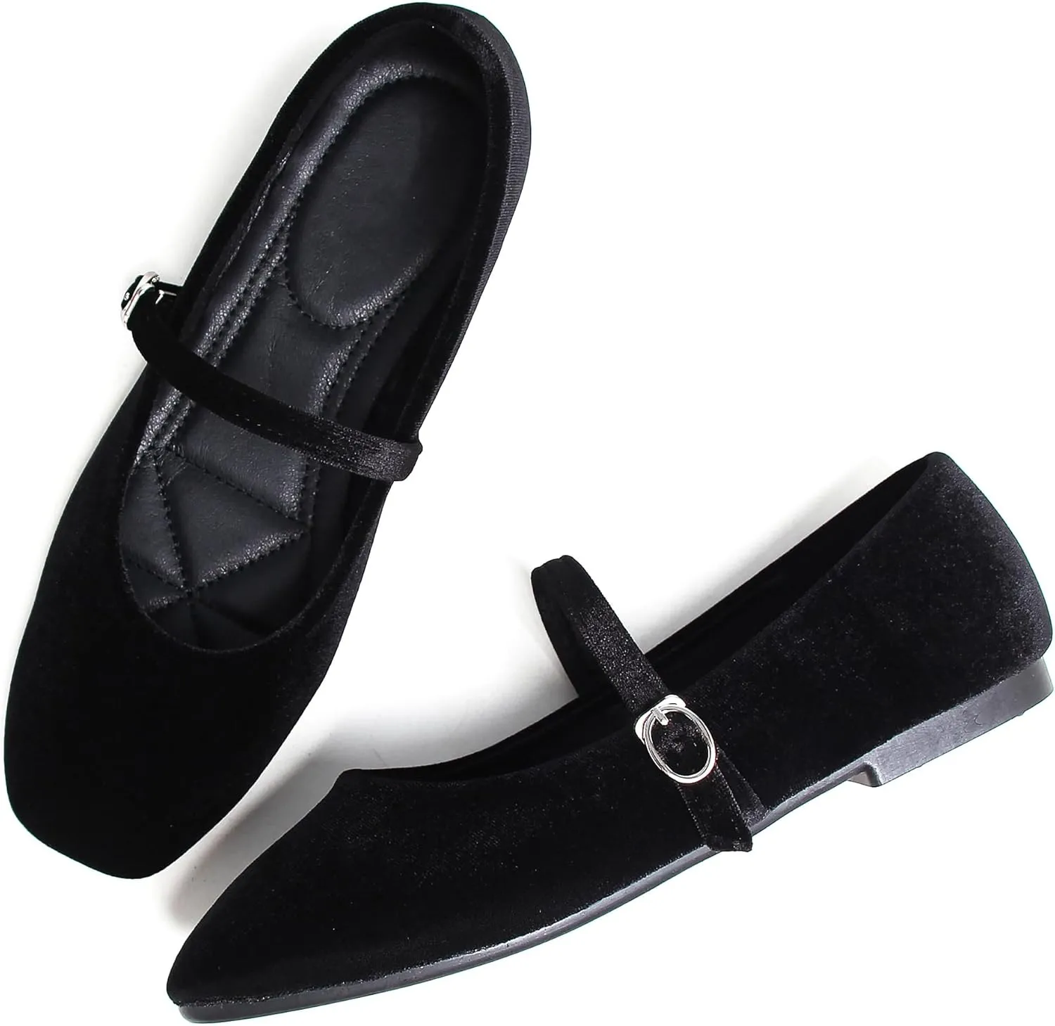 JiangWei Shu Women's Square Toe Ballets Comfortable Flats Soft Velvet Mary Jane Flats Casual Dressy Shoes