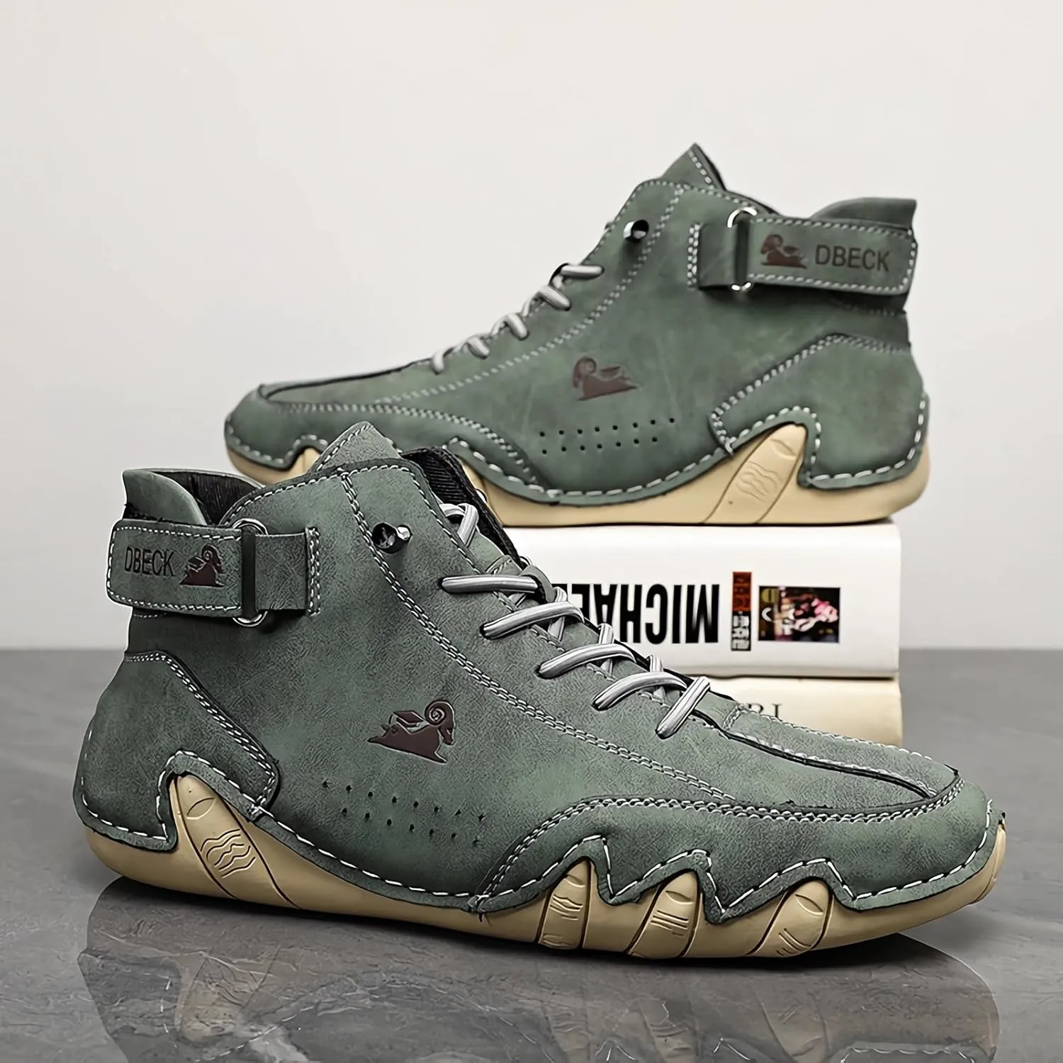 JishinGal Men's Casual Suede Lace Up Flats Chukka Ankle Boots,Handmade High Top high boots Outdoor Walking Sneakers Slip-on Lightweight Non-Slip Driving Chukka Boots