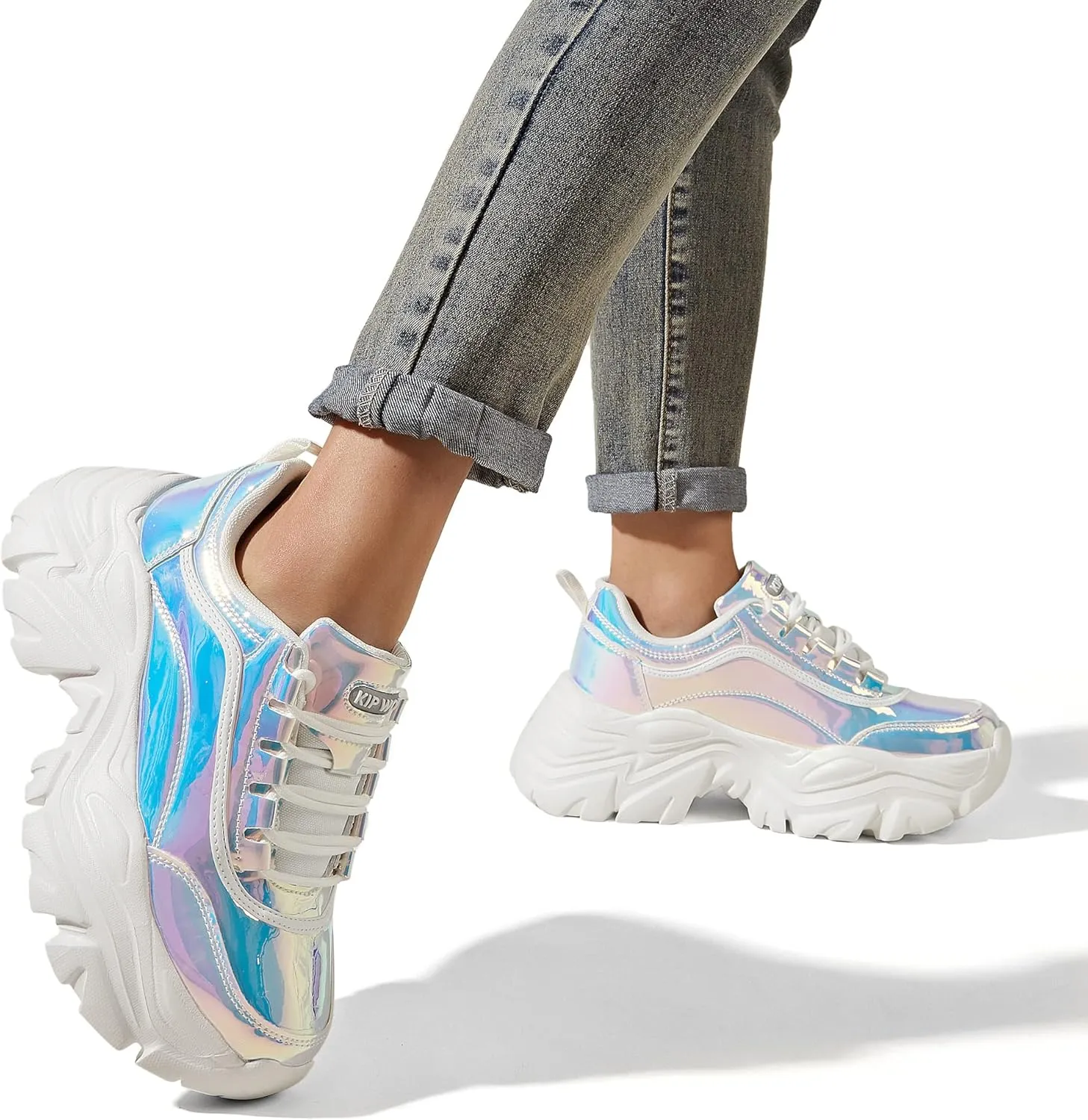 K KIP WOK Chunky Sneakers for Women Fashion Platform White Leather Casual Dad Shoes Comfortable Wedge Walking Sport Sneakers