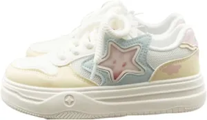 Kawaii Japanese Comic Design with Cloudy Chunky Heel Sneakers for Women with Star Decors - Cute Korean Instagram Trendy with Blue & Yellow Color Block, Perfect for Student Travel & Instagram Photos