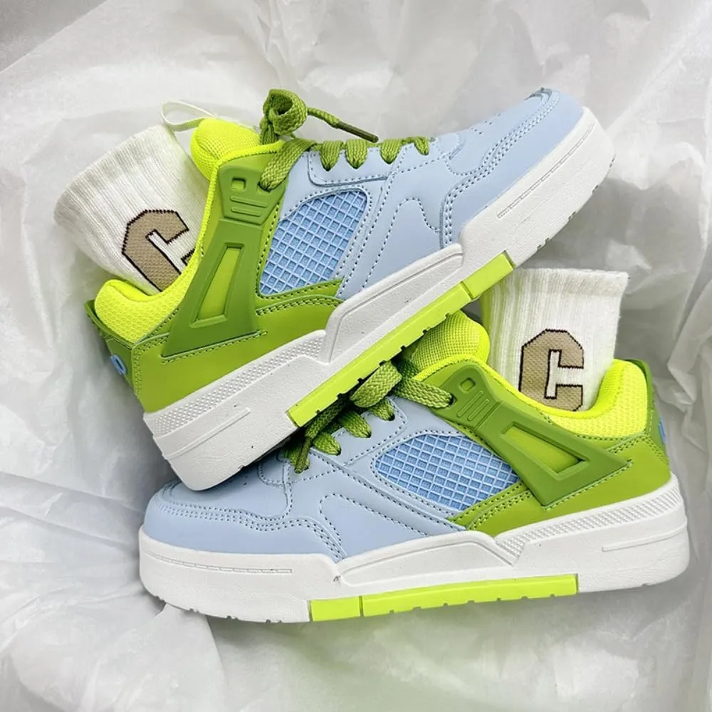 Kawaii K-Pop Academy Breathable Sneakers - Ice-Cream-Inspired Green & Blue Color Block | Cute Manga Style & Height-Boosting Chunky Sole, Korean Ins Trend for Women, Ideal for Casual Outfits