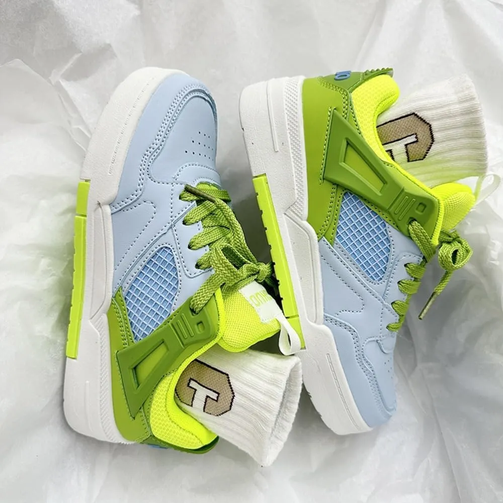 Kawaii K-Pop Academy Breathable Sneakers - Ice-Cream-Inspired Green & Blue Color Block | Cute Manga Style & Height-Boosting Chunky Sole, Korean Ins Trend for Women, Ideal for Casual Outfits