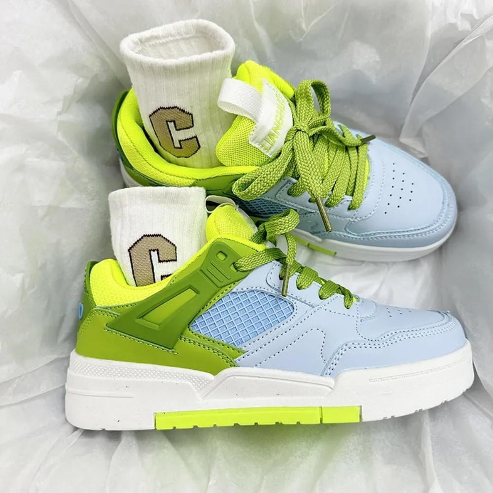 Kawaii K-Pop Academy Breathable Sneakers - Ice-Cream-Inspired Green & Blue Color Block | Cute Manga Style & Height-Boosting Chunky Sole, Korean Ins Trend for Women, Ideal for Casual Outfits