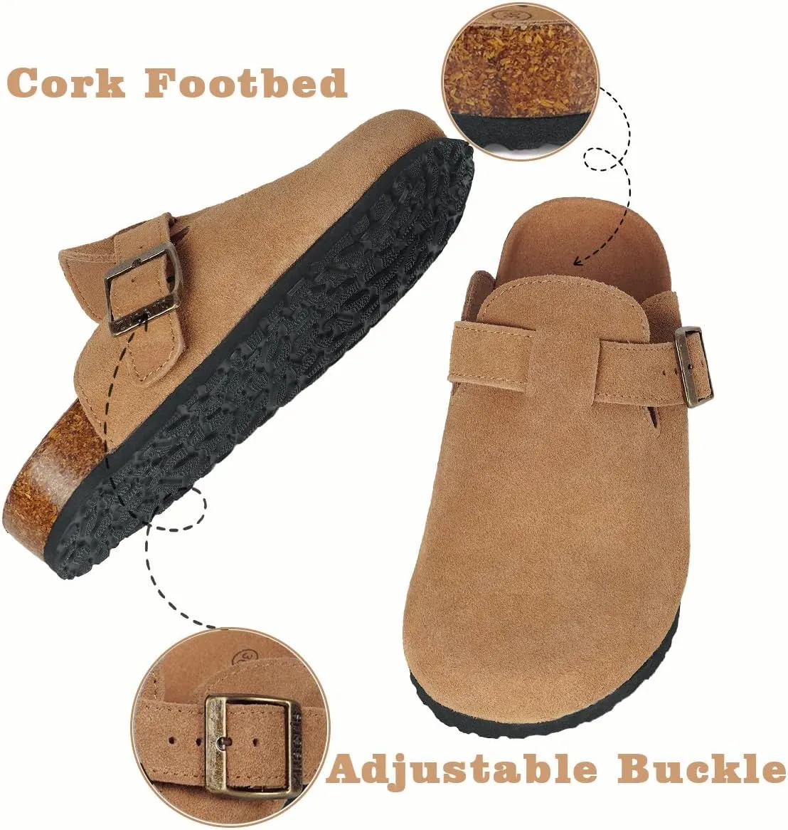 Kids Suede Clogs Boys Girls Cork Footbed Potato Shoes Classic Slip On Leather Mules Children Indoor Outdoor Sandals with Adjustable Buckle