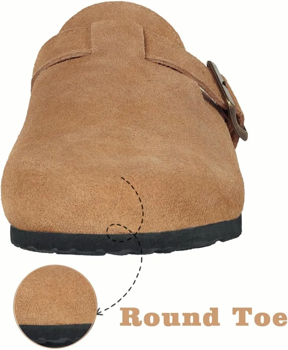 Kids Suede Clogs Boys Girls Cork Footbed Potato Shoes Classic Slip On Leather Mules Children Indoor Outdoor Sandals with Adjustable Buckle