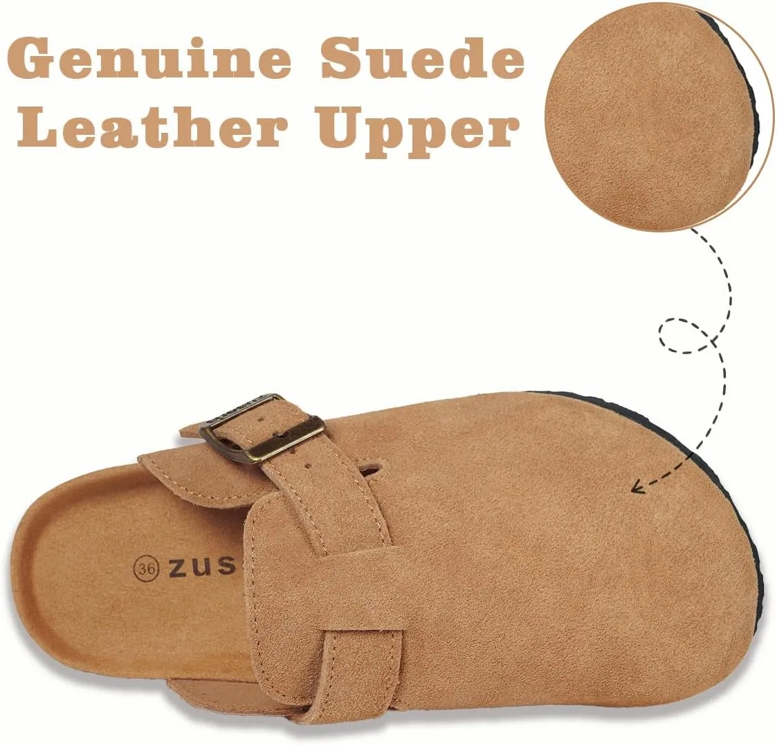 Kids Suede Clogs Boys Girls Cork Footbed Potato Shoes Classic Slip On Leather Mules Children Indoor Outdoor Sandals with Adjustable Buckle