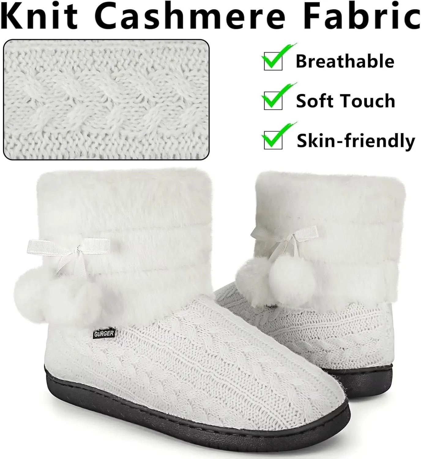 Knit Slipper Boots Women Plush Lining Memory Foam Indoor Outdoor House Shoes with Pom-Pom
