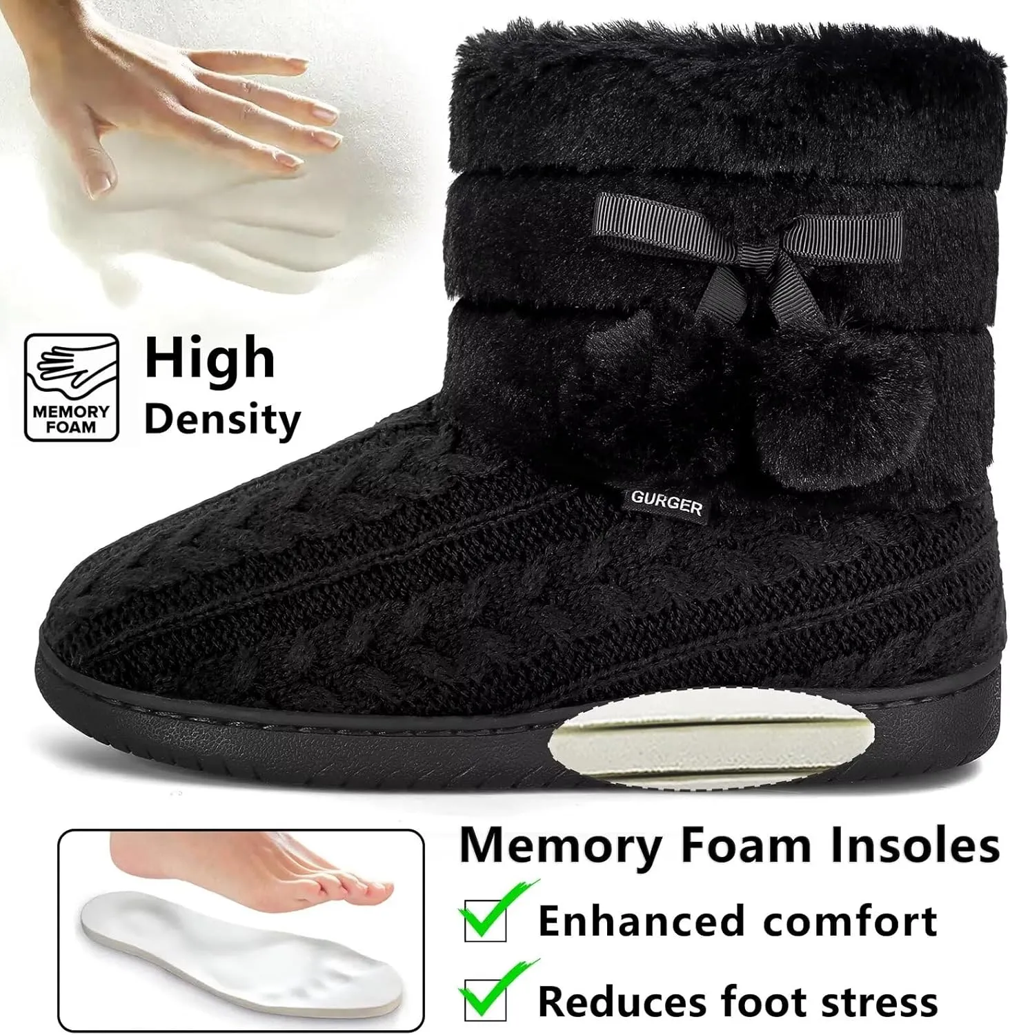 Knit Slipper Boots Women Plush Lining Memory Foam Indoor Outdoor House Shoes with Pom-Pom