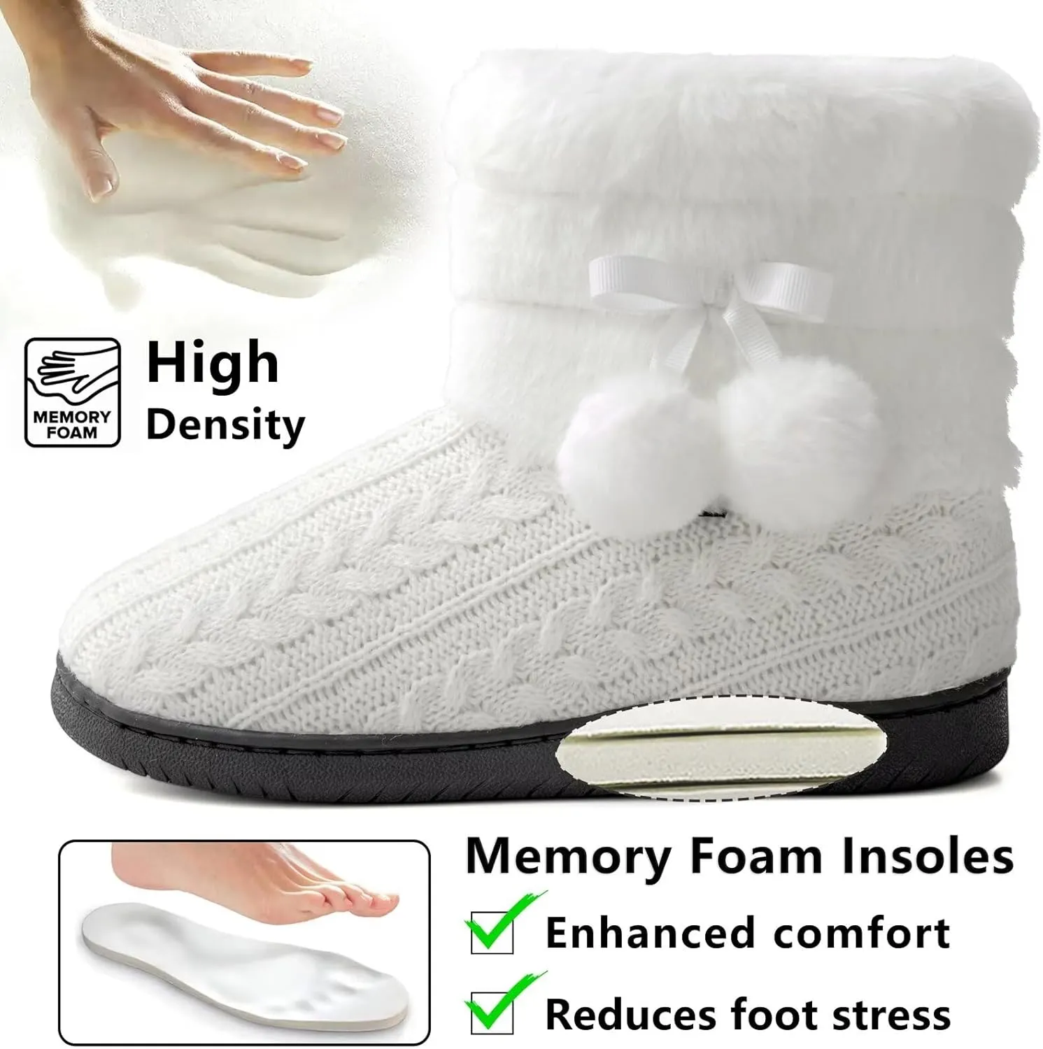 Knit Slipper Boots Women Plush Lining Memory Foam Indoor Outdoor House Shoes with Pom-Pom