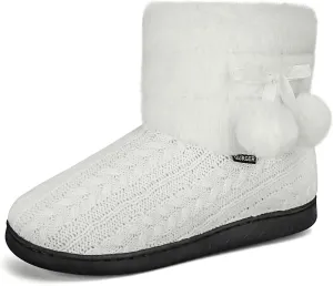 Knit Slipper Boots Women Plush Lining Memory Foam Indoor Outdoor House Shoes with Pom-Pom