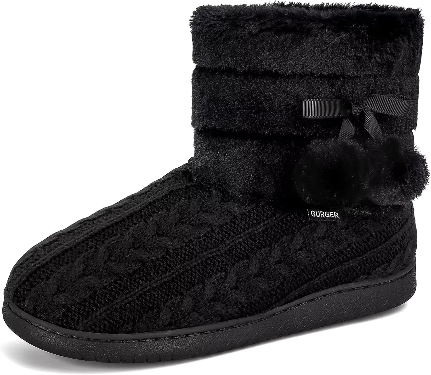Knit Slipper Boots Women Plush Lining Memory Foam Indoor Outdoor House Shoes with Pom-Pom