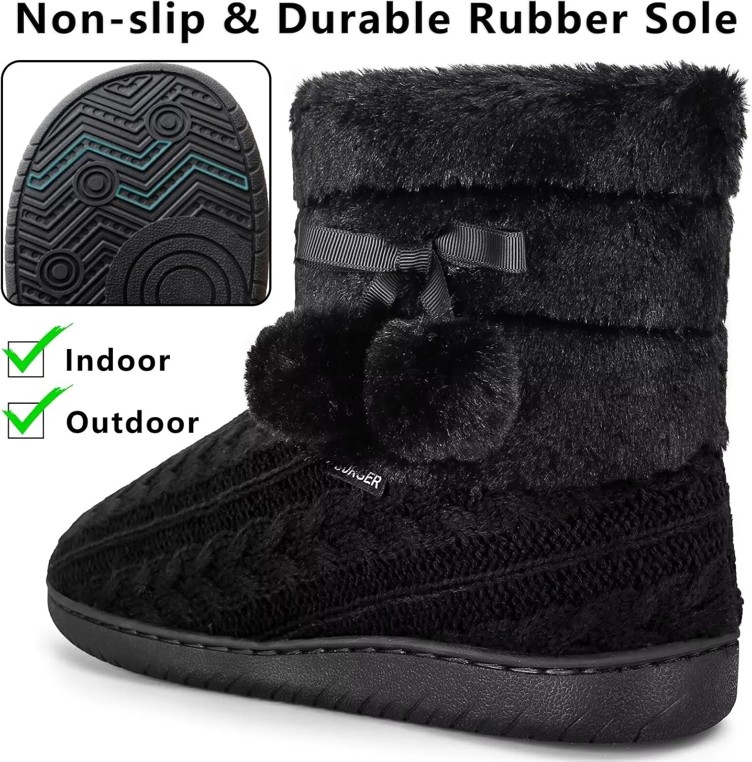 Knit Slipper Boots Women Plush Lining Memory Foam Indoor Outdoor House Shoes with Pom-Pom