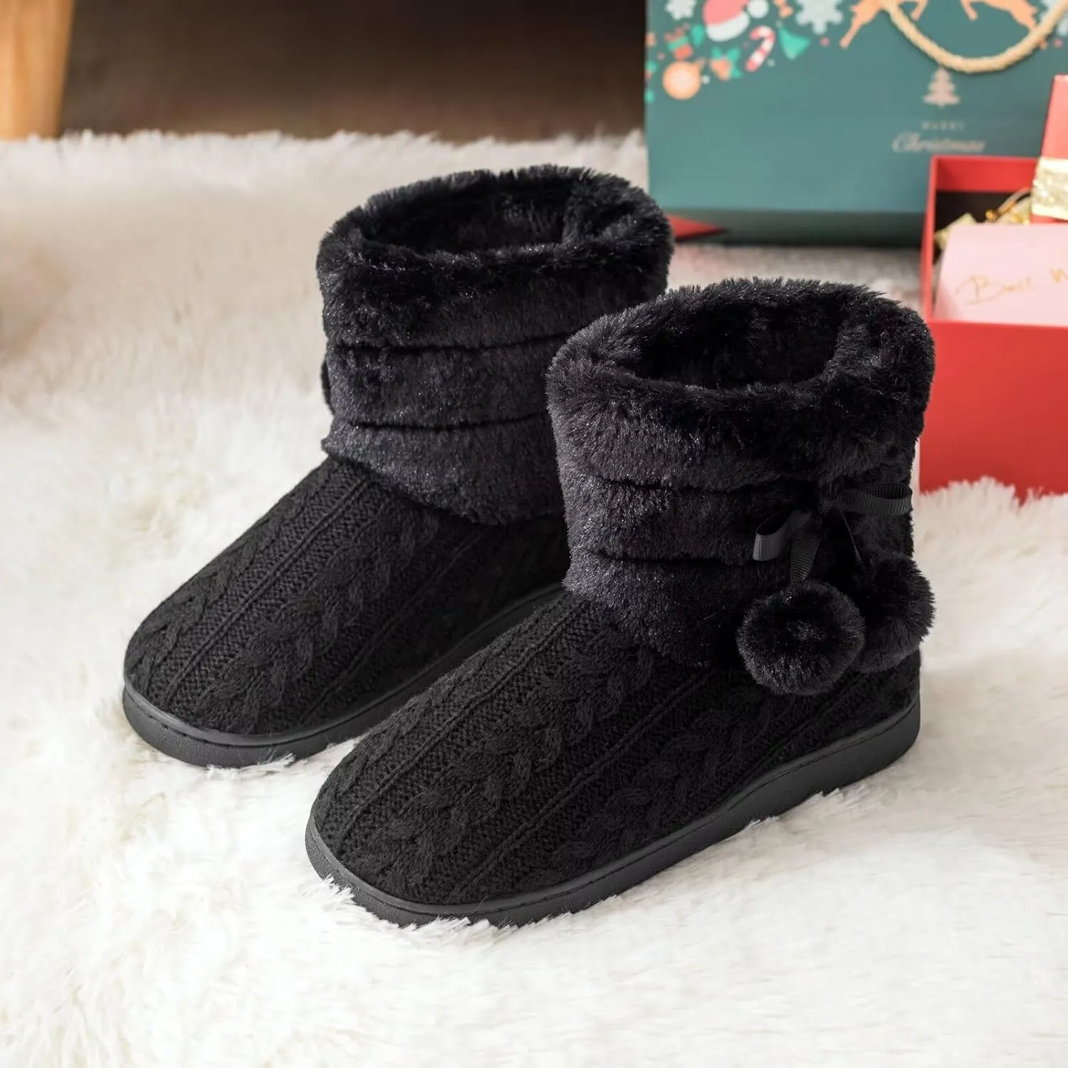 Knit Slipper Boots Women Plush Lining Memory Foam Indoor Outdoor House Shoes with Pom-Pom