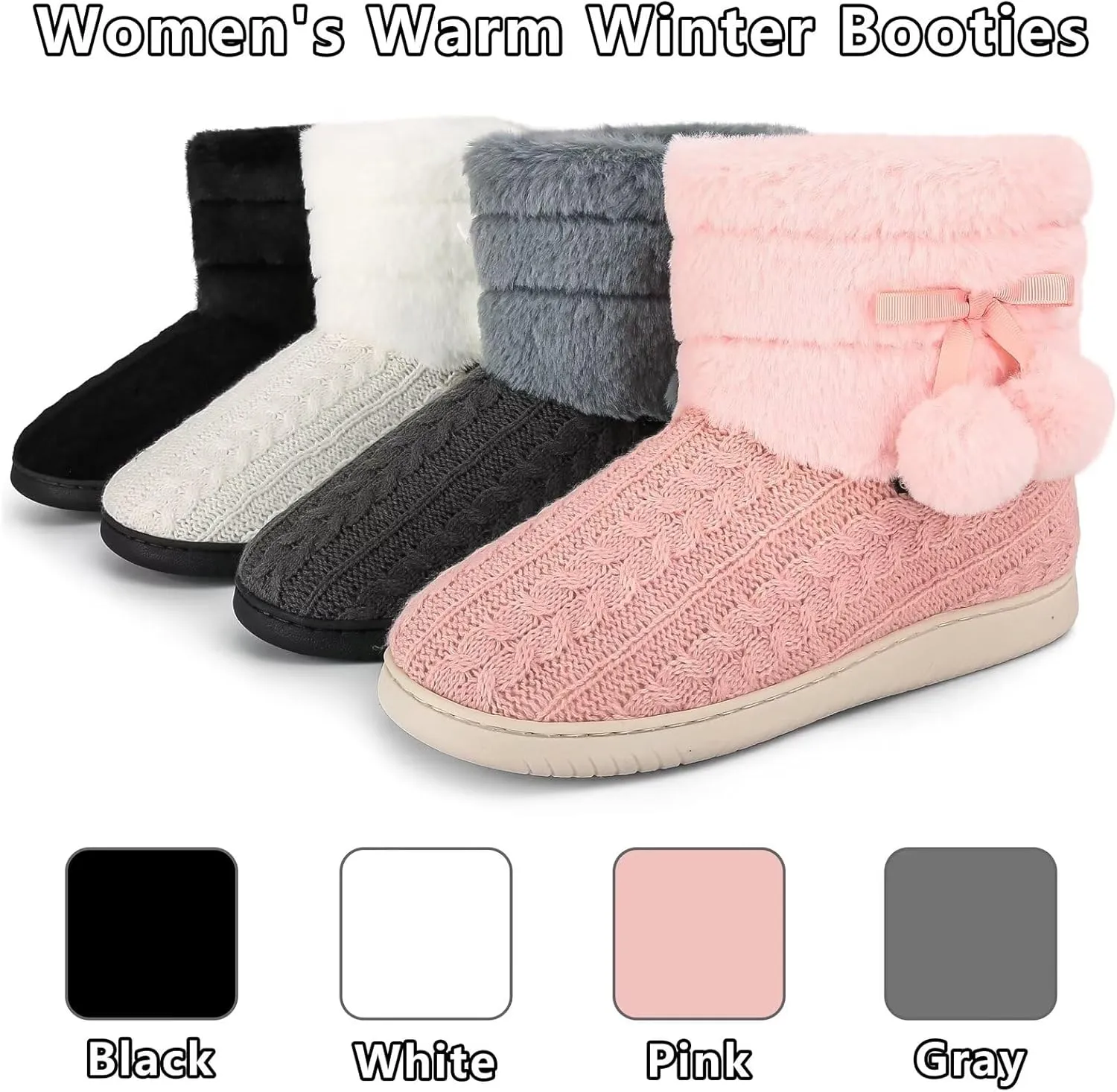 Knit Slipper Boots Women Plush Lining Memory Foam Indoor Outdoor House Shoes with Pom-Pom