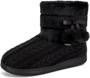 Knit Slipper Boots Women Plush Lining Memory Foam Indoor Outdoor House Shoes with Pom-Pom