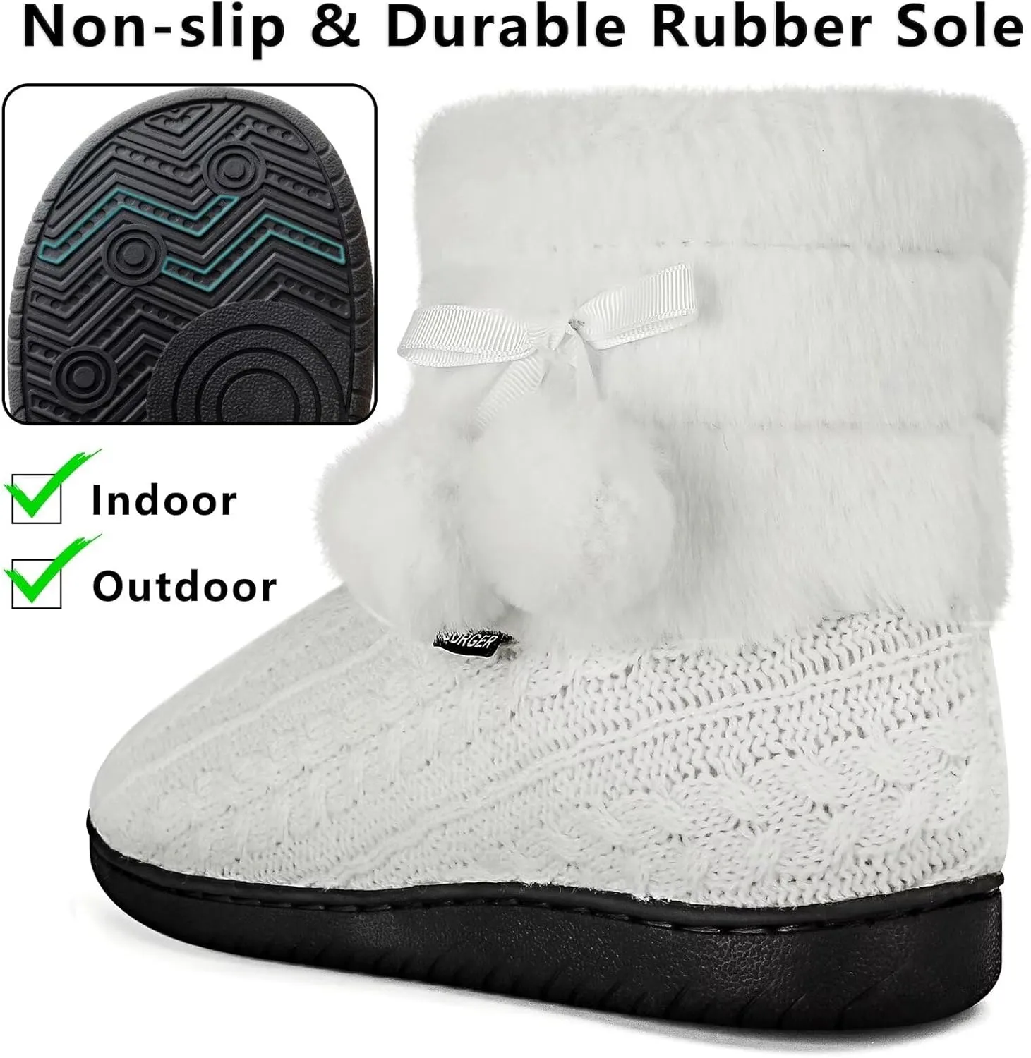 Knit Slipper Boots Women Plush Lining Memory Foam Indoor Outdoor House Shoes with Pom-Pom