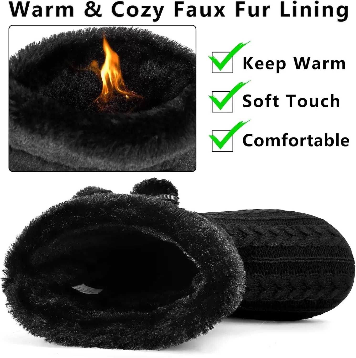 Knit Slipper Boots Women Plush Lining Memory Foam Indoor Outdoor House Shoes with Pom-Pom