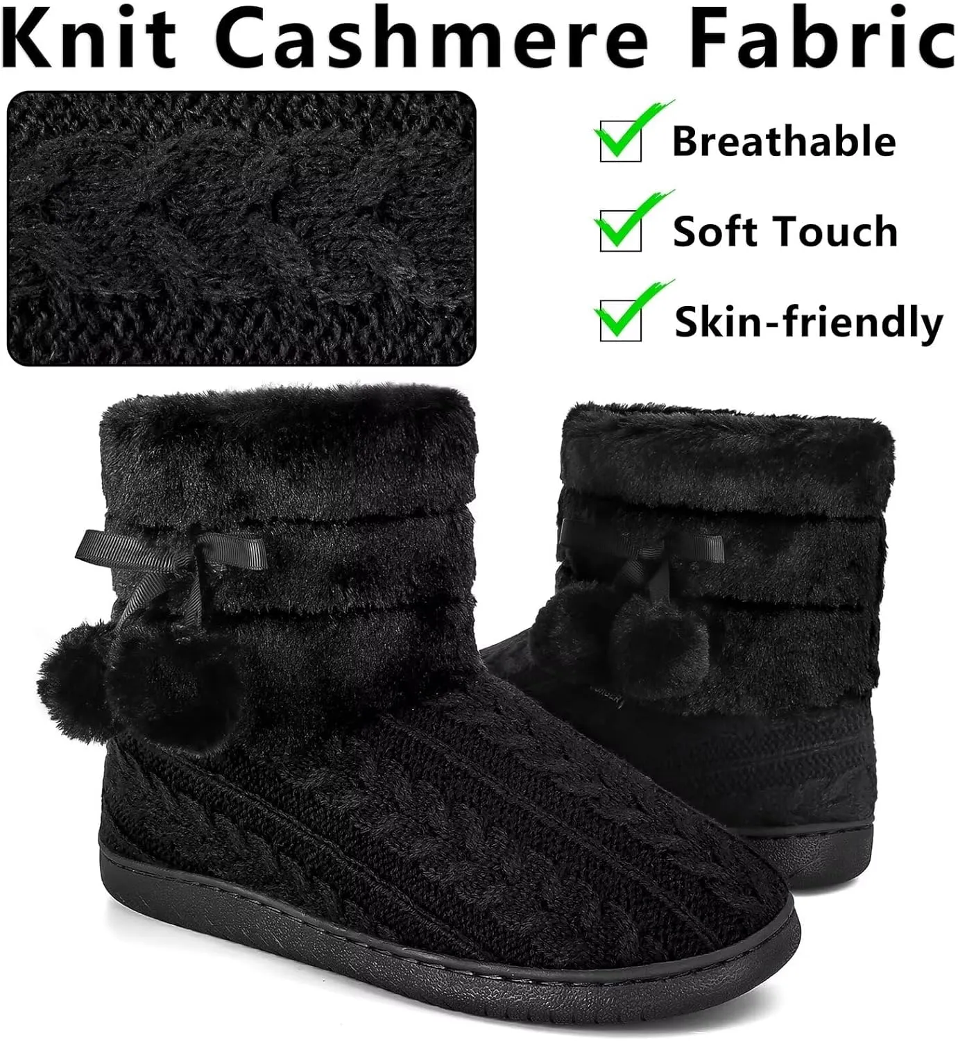 Knit Slipper Boots Women Plush Lining Memory Foam Indoor Outdoor House Shoes with Pom-Pom