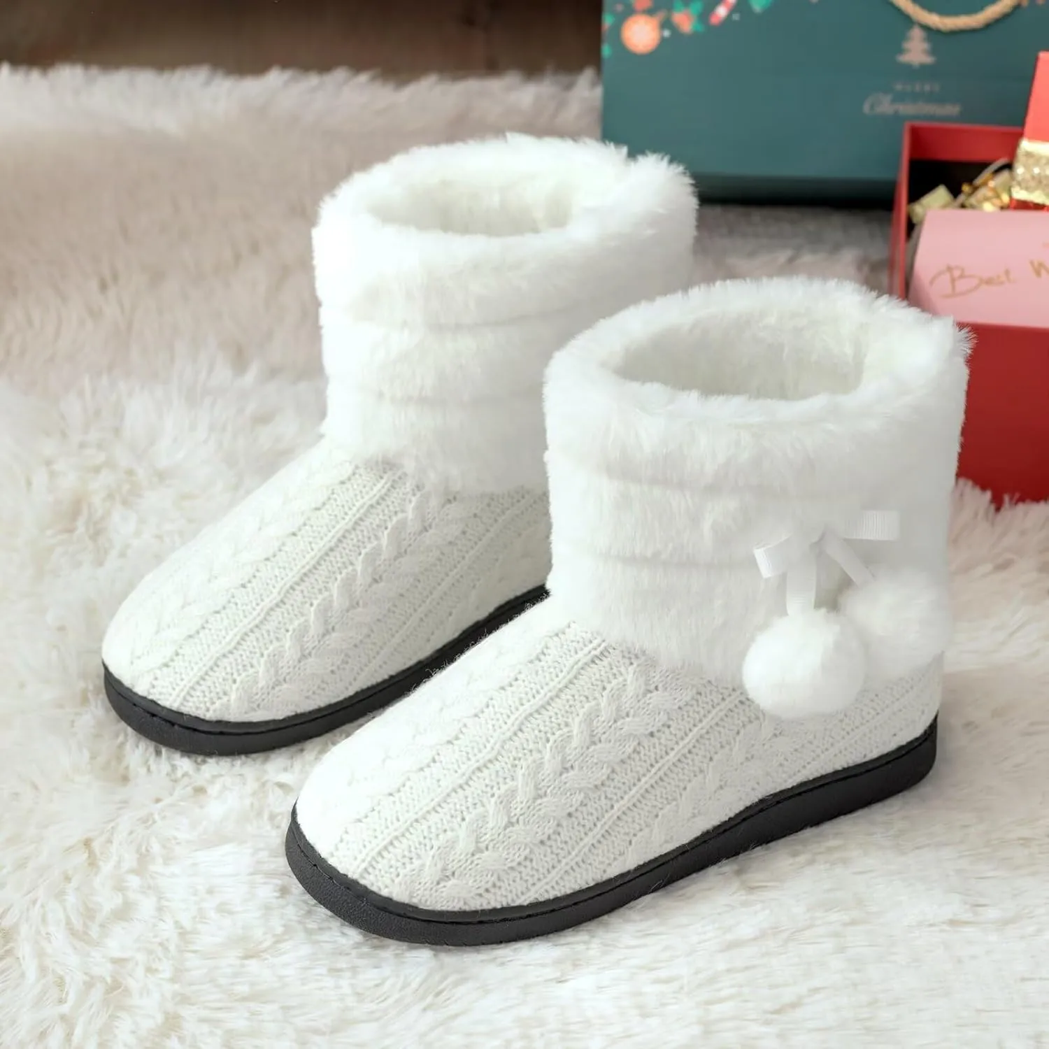 Knit Slipper Boots Women Plush Lining Memory Foam Indoor Outdoor House Shoes with Pom-Pom