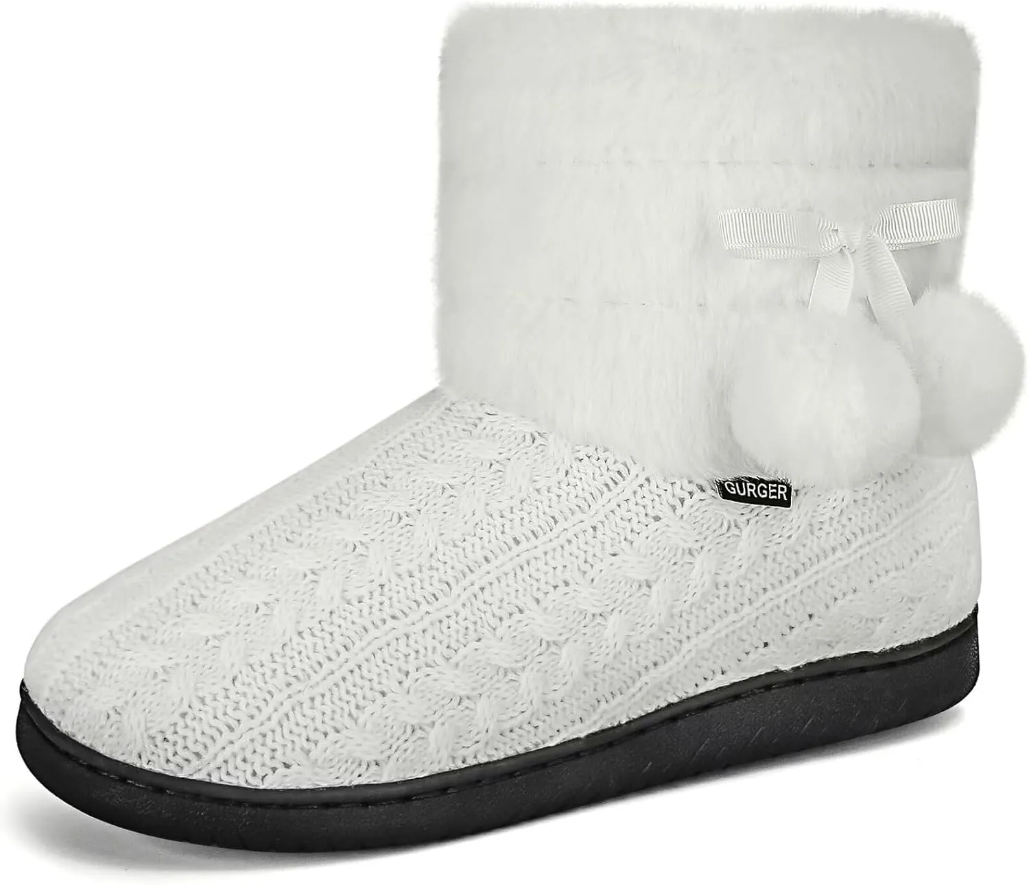 Knit Slipper Boots Women Plush Lining Memory Foam Indoor Outdoor House Shoes with Pom-Pom