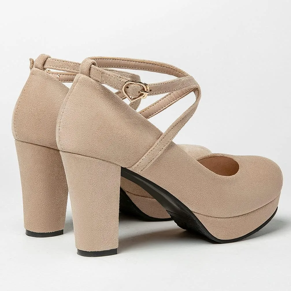 KOKOMOMO Womens Chunky High Heel Platform Round Toe Ankle Strap Pumps