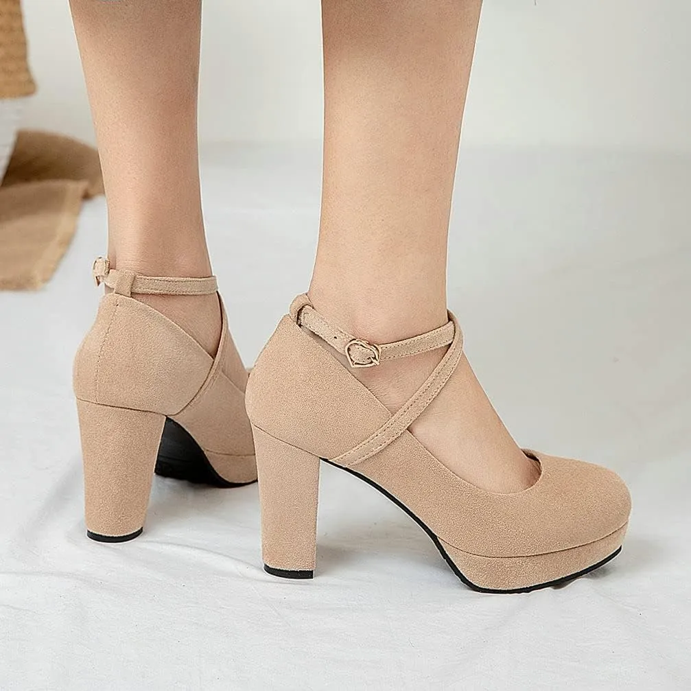 KOKOMOMO Womens Chunky High Heel Platform Round Toe Ankle Strap Pumps