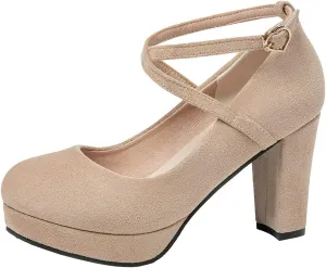 KOKOMOMO Womens Chunky High Heel Platform Round Toe Ankle Strap Pumps