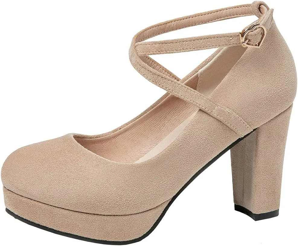 KOKOMOMO Womens Chunky High Heel Platform Round Toe Ankle Strap Pumps