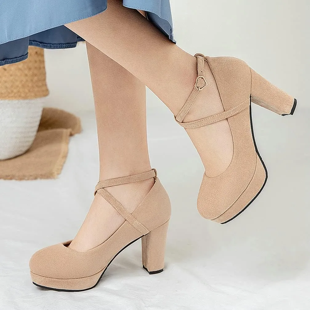 KOKOMOMO Womens Chunky High Heel Platform Round Toe Ankle Strap Pumps