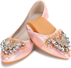 KUNWFNIX Women Ballet Flats Rhinestone Wedding Ballerina Shoes Foldable Sparkly Comfort Slip on Flat Shoes