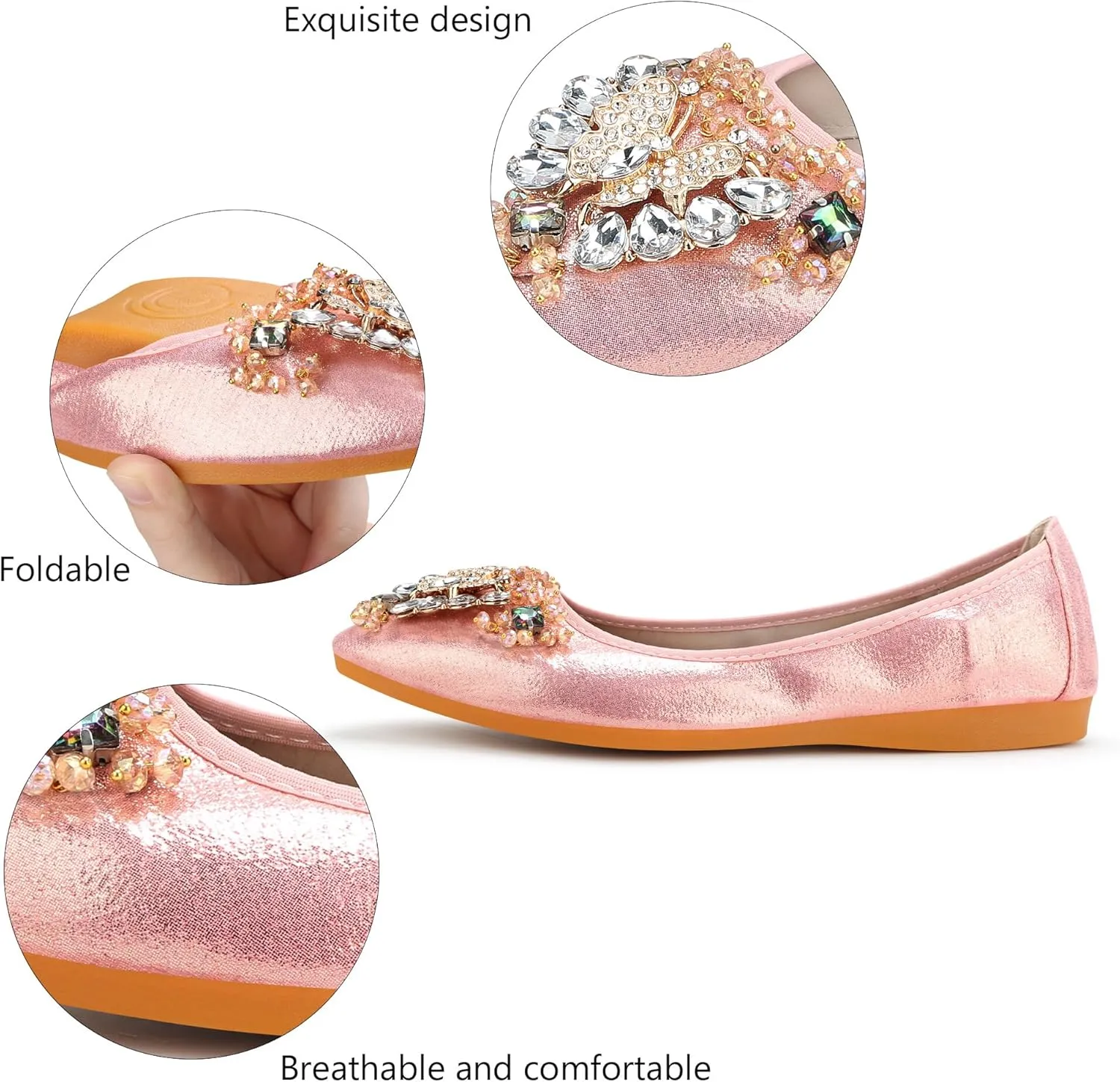 KUNWFNIX Women Ballet Flats Rhinestone Wedding Ballerina Shoes Foldable Sparkly Comfort Slip on Flat Shoes