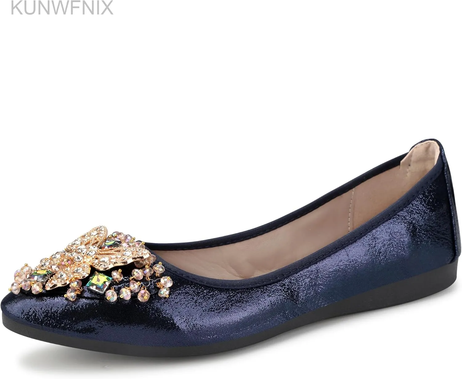 KUNWFNIX Women Ballet Flats Rhinestone Wedding Ballerina Shoes Foldable Sparkly Comfort Slip on Flat Shoes